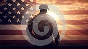 Illustration for Independence Day of the United States, July 4th - Soldier with American flag under a beautiful sun. Generative AI photo