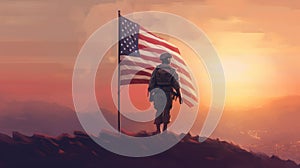 Illustration for Independence Day of the United States, July 4th - Soldier with American flag under a beautiful sun. Generative AI photo