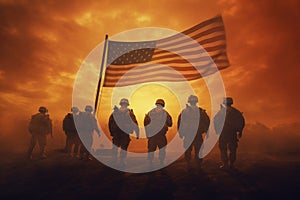 Illustration for Independence Day of the United States, July 4th - Soldiers with American flag under a beautiful sun. Generative photo