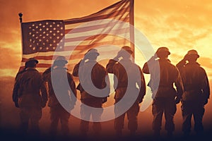 Illustration for Independence Day of the United States, July 4th - Soldiers with American flag under a beautiful sun. Generative photo