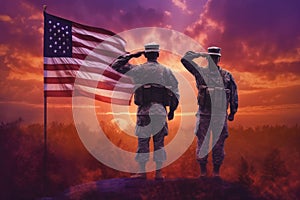 Illustration for Independence Day of the United States, July 4th - Soldiers with American flag under a beautiful sun. Generative photo