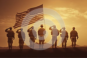 Illustration for Independence Day of the United States, July 4th - Soldiers with American flag under a beautiful sun. Generative photo