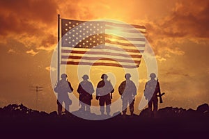 Illustration for Independence Day of the United States, July 4th - Soldiers with American flag under a beautiful sun. Generative photo
