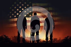 Illustration for Independence Day of the United States, July 4th - Soldiers with American flag under a beautiful sun. Generative photo