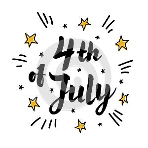 Illustration of Independence Day Vector. Comic style Poster. 4th of July Paper Lettering on white background with Stars