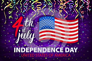 Illustration of Independence Day Vector Poster. 4th of July Lettering. American Red Flag on Blue Background with Stars and Confett