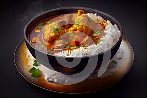 An Illustration of Indian style Chicken curry and rice dish, Humanly enhanced AI Generated image