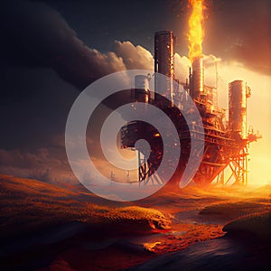 an illustration of an industrial plant with a factory explosion
