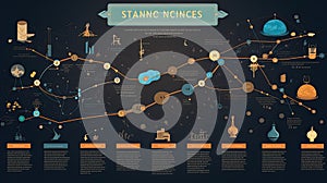 Illustration infographic presenting various branches of science and recent achievements.
