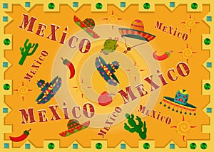 Ilustrace nápis země jméno mexiko sombrera papriky v rám na 