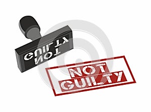 Illustration: Inscription `not guilty`, red stamp on white sheet. Not guilty rubber stamp. Justice, justification.