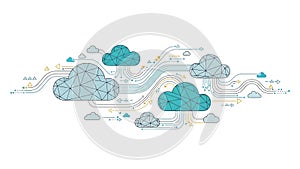 An illustration of interconnected cloud computing networks and data transfer