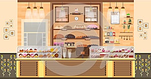 Illustration interior of bake shop, bake sale, business of baking sales, bakery and baking for production of bakery