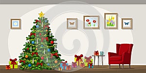 Illustration of interior with christmas tree