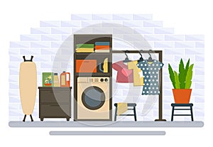 Illustration of the interior of a home laundry.