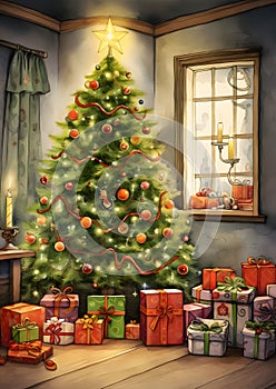 Illustration: the interior of the house, decorated Christmas tree with a star, around dozens of gifts. Christmas card as a symbol