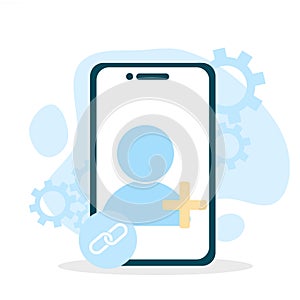 Illustration of inviting friends by sharing a link via smartphone. Flat style vector.