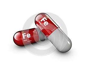 Illustration of iron mineral. Glossy drop pill capsule and vitamin complex. Healthy life medical dietary supplement.