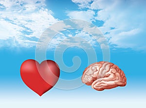 Illustration with isolated 3d brain and 3d heart on nubes background