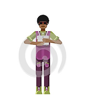 Illustration isolated of African American man dark hair, with laptop