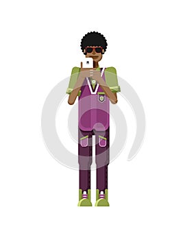 Illustration isolated of African American man dark hair, with smartphone in hand