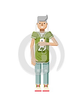 Illustration isolated of European blonde man in sports shirt and sweatpants, with smartphone