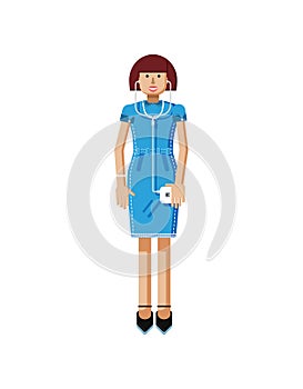Illustration isolated of European middle-aged woman, brown hair, blue dress, touche screen, girl with smartphone