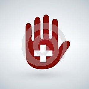 Illustration of an isolated hand with a first aid icon or cross.