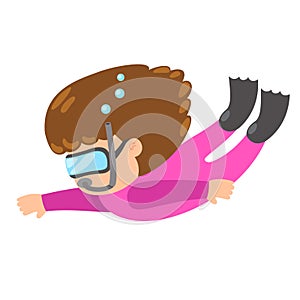 illustration of isolated kid girl snorkeling
