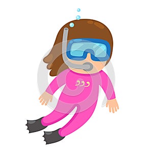 illustration of isolated kid girl snorkeling