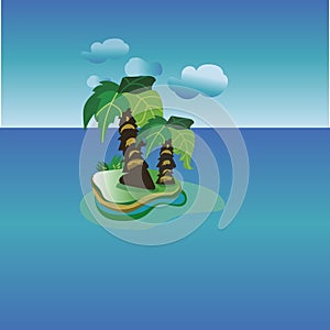 illustration of isolated palm trees on island in ocean, with blue sky