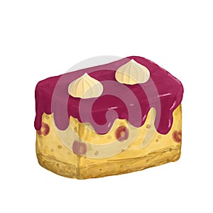 Illustration of isolated piece of cherry cake with icing on white