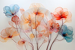 An illustration of isolated poppies in orange and red, blue flowers on a white background. Used for floral and summery