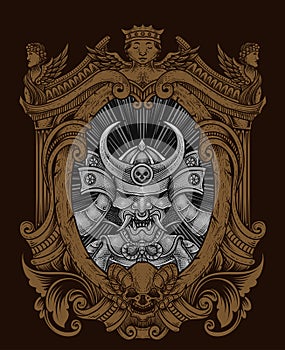 illustration isolated samurai warriors with engraving frame