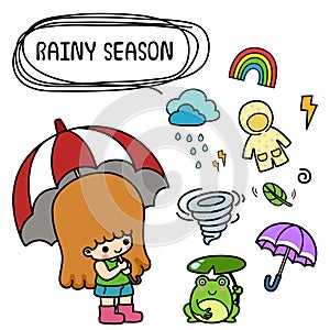 Illustration isolated set cartoon rainy season with kid girl