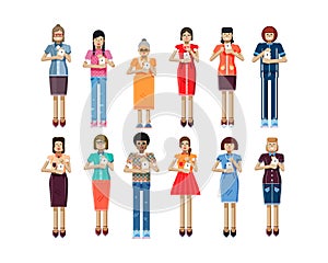 Illustration isolated set of European, African-American women with smartphone in hands