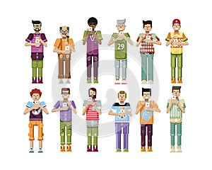 Illustration isolated set of men with smartphone in hands