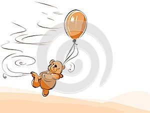 Illustration of isolated teddy bear flies with balloon in hand-drawn style