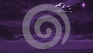 Illustration of an isolated tree and flying birds flock in cloudy sky in darkness. Purple mystic, sad, gloomy mood landscape.
