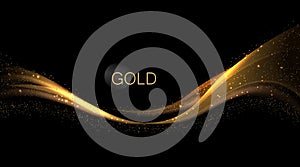 Illustration with an isolated wavy pattern in a golden hue with glitter on a black background