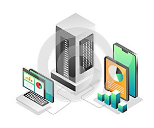 Illustration isometric concept. Computer and smartphone application server