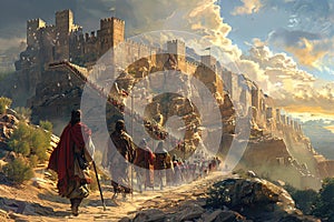 Illustration of israelites walking around the walls of Jericho, Bible story. Generative AI. photo