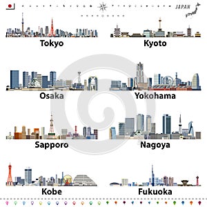 Illustration of japanese city skylines with location, navigation and travel icons; flag and map of Japan