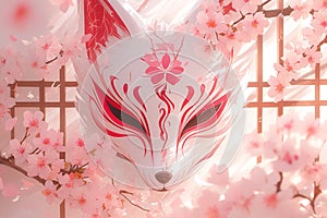 illustration of japanese fox kitsune mask in pink sakura cherry flowers