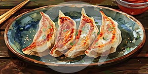 Illustration of Japanese Gyoza dumplings with chicken and vegetables. Generative AI