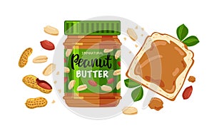 Illustration of a jar of peanut butter, bread and peanuts isolated on a white background. Vector.