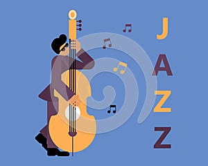 Illustration, jazzman with double bass, musical notes and Jazz text, blue and yellow design. Clip art, poster for jazz concerts