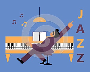 Illustration, jazzman with piano, musical notes and Jazz text, blue and yellow design. Clip art, poster for jazz concerts