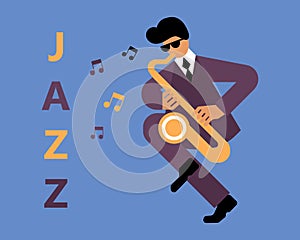 Illustration, jazzman with saxophone, musical notes and Jazz text, blue and yellow design. Clip art, poster for jazz concerts