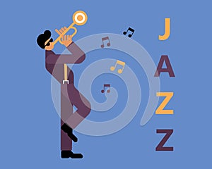 Illustration, jazzman with trumpet, musical notes and Jazz text, blue and yellow design. Clip art, poster for jazz concerts